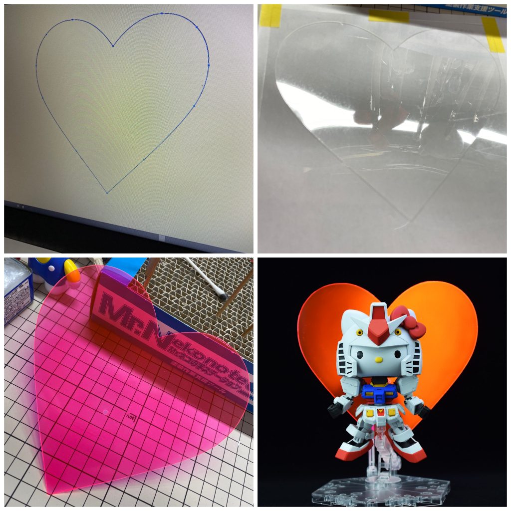 ハートはカッティングプロッターで切り出して蛍光ピンクやらで塗装