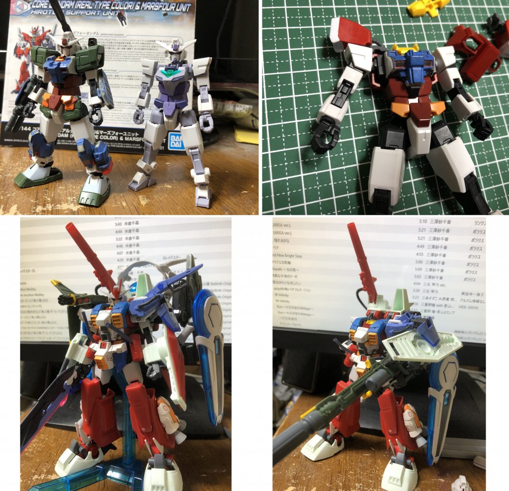 〜作成途中〜
というワケでパーフェクト好きの全盛りガンプラです♪

これまでアーマー系のガンプラは数あれどコアガンダムというミニサイズのガンダムからのアーマー装着は斬新でしたね。

しかしドッキング前提としたガンダムなのでちんちくりん具合をどーにか出来ないかと悩んだところコアガンダムが初代のオマージュならフルアーマー装備は面白いんじゃないか？とスタート。
同じ1/144サイズだとコアガンダムのフルアーマーは無理と思ったので1/144より小さいサイズの食玩系を片っ端から集めて色々試しました(=´∀｀)

後はマーズフォーを組み立てた後に赤いガンダムならレッドウォーリアだ！パーフェクトⅡからパーフェクトⅢへチェンジは面白そうだ！
…でもレッドウォーリアアーマーは誰かとネタが被りそう(；´Д`A
と思ったので更に一手間加えました。
途中あらゆるところが干渉するので何度か挫折しそうになりましたが試行錯誤を幾度と繰り返しなんとか完成になりました。


撮影はアーマーを外して装着、外して装着の繰り返しで塗装面がボロボロに(笑えない)
立ち姿すら絶妙なバランスなので展示会とかには向いてないです…

パーフェクトを全部乗せの作品ですが、
正確にはHCMパーフェクトやペルフェクティがあるので全盛りでは無いのですが前者はキット化されてない。後者はアームドアーマーが邪魔でアグニ持てないじゃん！？
で断念しました(´；ω；`)

リライズ本編も続きが楽しみですし今後もコアガンダムで色々出来そうです！


それではここまで長々と見て頂きありがとうございましたm(_ _)m