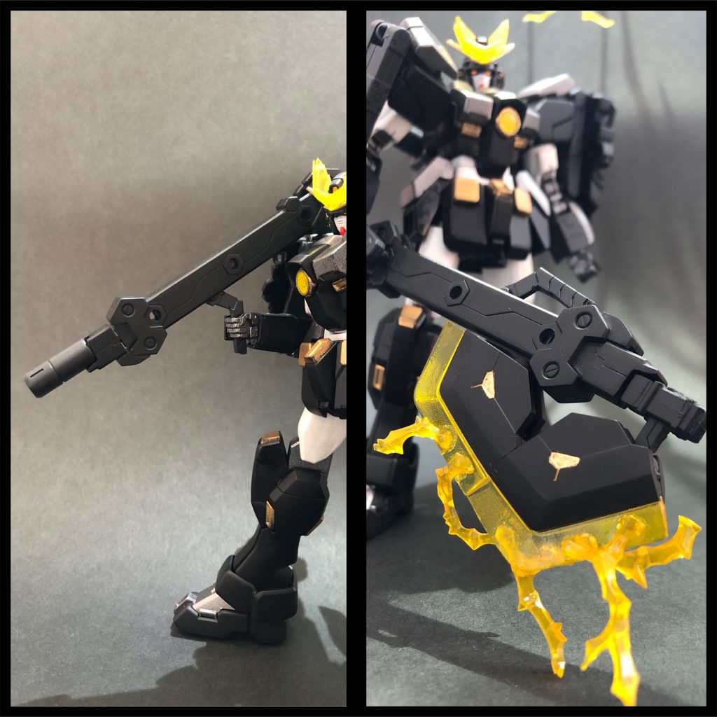 ## ・戦斧「火雷(ホノイカズチ)」
雷神の名を冠した、物理攻撃でのメイン武装。
電気を帯びた刃と武器本体の超重量で叩き斬る戦法を得意とする。
刃を外しバレルを装着すると、帯電ビーム砲として射撃も可能となる。(射撃の際は金剛による補助があると安定する)
ただし普通のMSでは扱えない重量であるため、パワー特化のクロガネ専用とも言える。