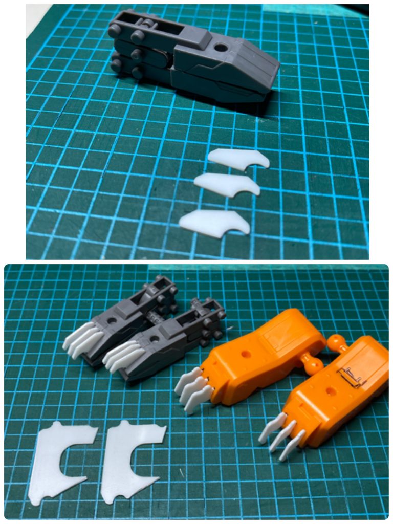 手の爪はシンプルに瞬間接着剤で付けています。出来上がりと「パンのやつ」残骸です。このあと残骸はボディに流用されます。