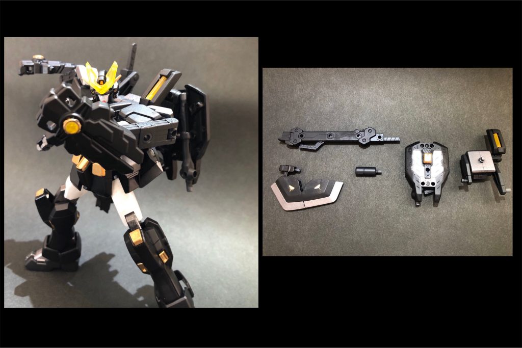 ## ・肩部盾「金剛(コンゴウ)」
両肩に装備した手甲型の盾。
素の本体では唯一の武装である。
サブアームを使って幅広く防御を行う他、スラスターとしての使用も可能。
腕に装備して、帯電した状態での拳闘にも用いる。

・近接戦闘用バックパック
斧兼ビーム砲、盾、特殊装置からなるクロガネの基本装備。左から順に、
・戦斧「火雷」(斧刃部分、ビーム砲バレル選択式)
・万能盾「武御雷」
　　(この2つの武装に関しては後述)
・特殊装置[鳴神(ナルカミ)]
バックパック左側に設置された、雷を呼び寄せるトンデモ装置。
当然、落雷に耐性を持つクロガネにしか扱えない。
これにより雷の頻度は増すが、落雷のタイミングは操作できず勘に頼るのが難点。