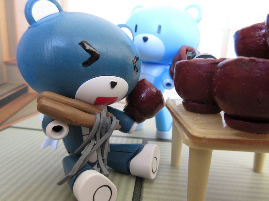 メインのそば食べプチッガイ、カラーリングは岩手県の県旗の色をイメージしてます。腕の中、箸、お椀にそれぞれ磁石を仕込み持てる様にしてます。