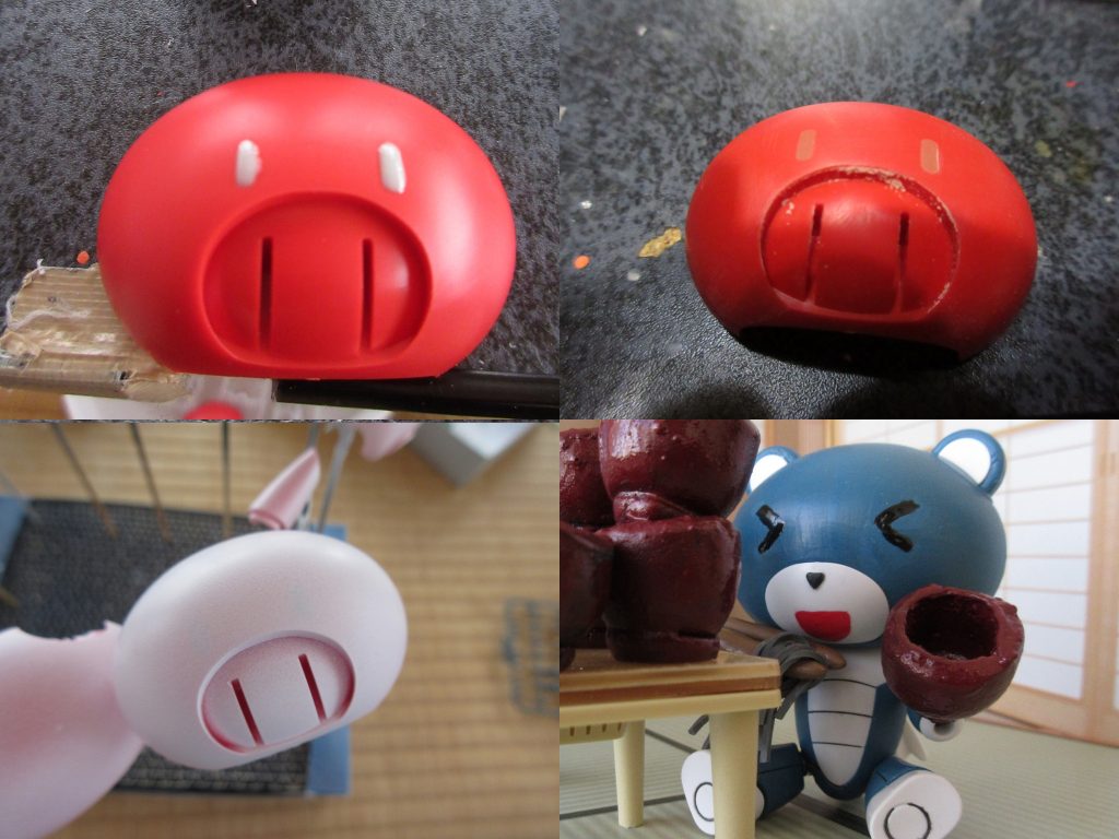 プチッガイに顔を描く為にカラーパテで穴埋め、やすりがけ、サフまでは良かったんですが自分の画力の無さを忘れてました。顔を書くのは難しい・・・