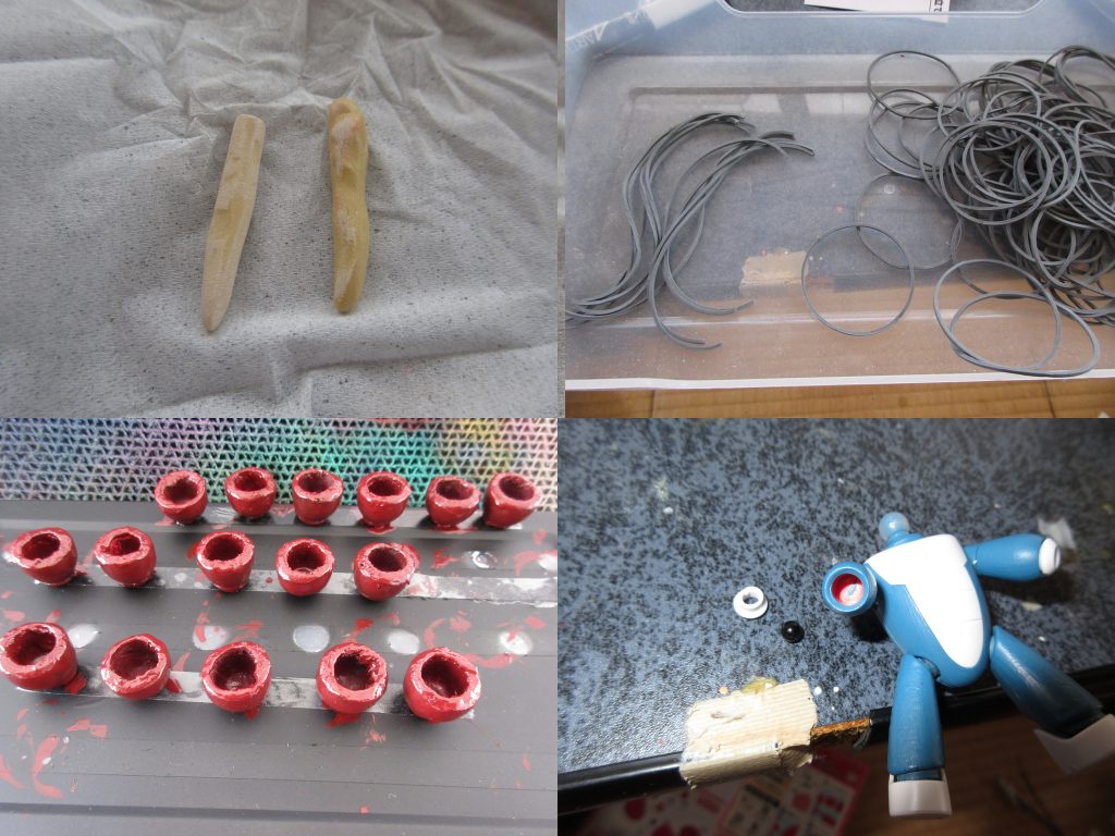 小道具の数々、お椀の作成が一番のネックでした・・・箸はパテ成形、輪ゴムは某100均のモノクロ輪ゴムセットを使用。腕のネオジム磁石は白い手先のパーツを少しカットする事で簡単に取り付けられます。最後に背景は某100均の和室背景を使用してます。