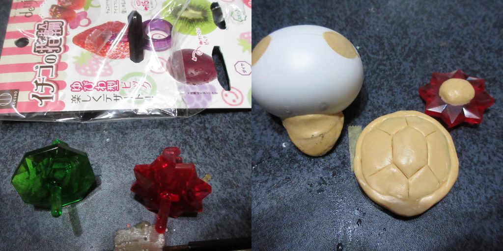 甲羅と皿は１００均で丁度いいものが売ってたのでベースに使用しつつパテ成形してます。甲羅にネオジム磁石を仕込み、本体にも磁石が入ってる為磁石で取り付けています。