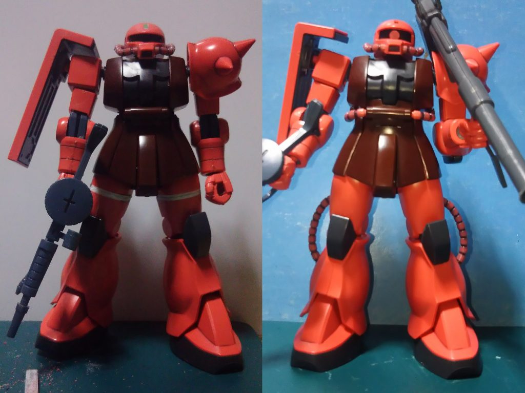 改造箇所は頭をモノアイスリットで１ｍｍ幅詰め、太腿を２ｍｍ延長、顔の右側のパイプをアルミ線を通したパイプにした事で、旧キットでは不可能だった首の可動が可能になりました。モノアイをデコシールに変更してます。