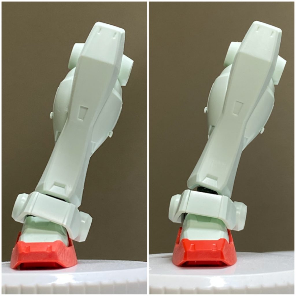 とても地味な工作ですが、今回最大の工作でもありますw
アンクルガードがスネ側追従だったので、接続方法をちょっと修正してスネとクツの中間の曲げ角が取れるようにしてます