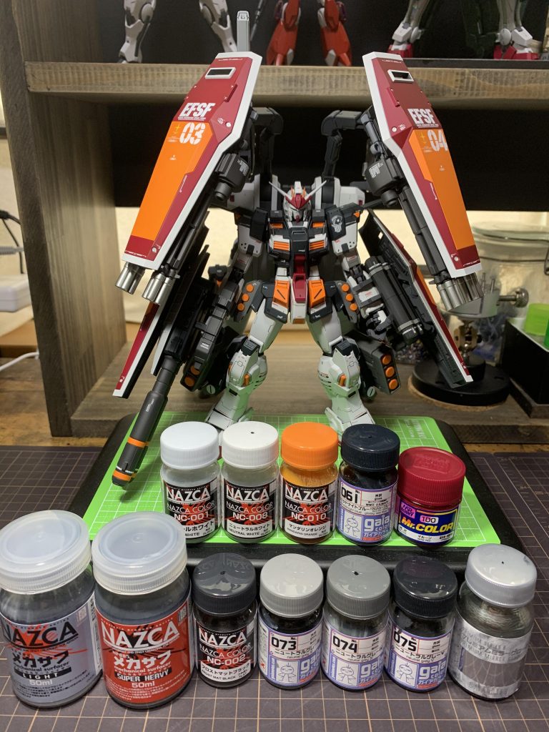 塗料です。

フレームはメカサフのライトとスーパーヘビィの2色で塗り分けしています。
全然分かりませんがプロペラントタンクだけスチールホワイトで塗装しました。

ご覧いただきありがとうございました( •̀ᴗ•́ )/