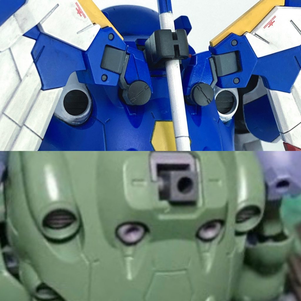 翼もRGウイングガンダムEWのものです。
背部の小さいバーニア？部分を開口して、加工したランナーを突っ込み、翼とのジョイントとしました！