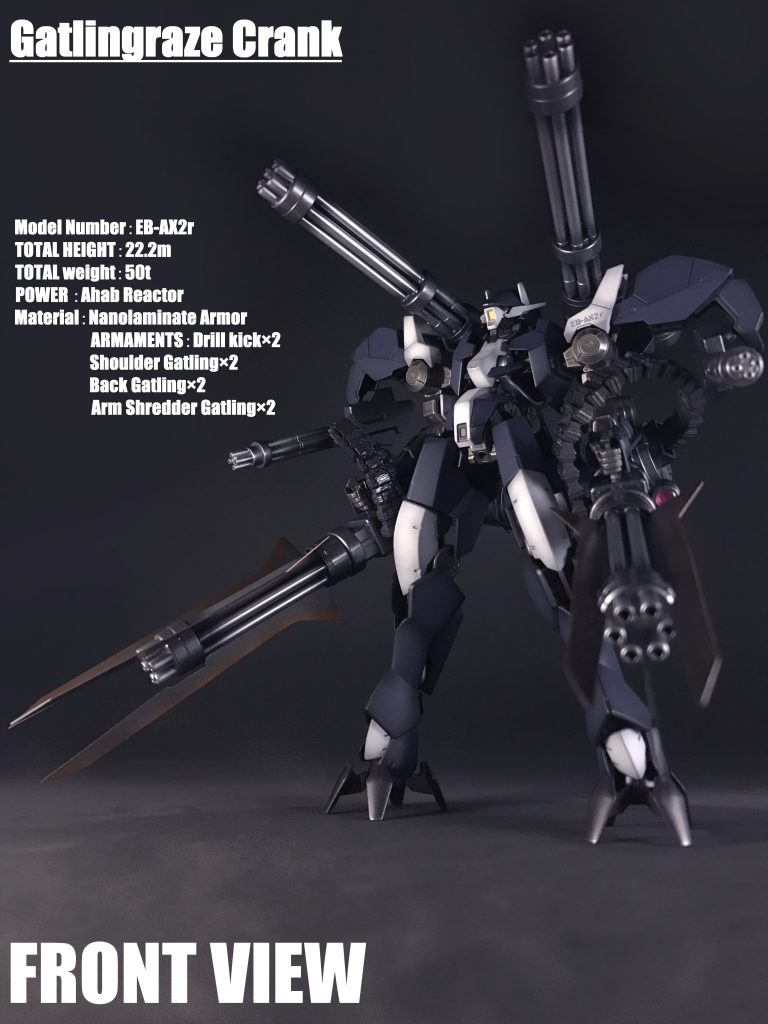 「ガトリングレイズクランク(以下ガトリングレイズ)」は「月外縁軌道統合艦隊アリアンロッド」がエドモントンの戦いの後に秘密裏に回収した「グレイズアイン」の改修機です。
「グレイズアイン」の「阿頼耶識システム」は「阿頼耶識システムtype-E」として「ASW-G-66 ガンダムキマリスヴィダール」へ搭載され、戦闘データは「EB-08jjc レギンレイズジュリア」に反映されます。
残存した¨機体(ボディ)¨はコクピットブロックと両腕が破損していたものの¨グレイズフレーム¨の高い互換性により、「EB-06 グレイズ」のコックピットブロックへと再換装され、腕部の格闘装備「スクリューパンチ」をオミットした通常のマニピュレーターを装備し「ガトリングレイズ」へと改修されていきます。