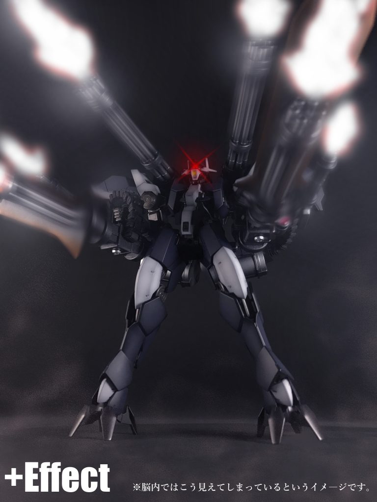 感想・まとめ
「機動戦士ガンダム鉄血のオルフェンズ」未視聴にして、初の鉄血キットで、鉄血コンに参加させていただきます。鉄血のキット凄いですね、とても組みやすくてびっくらこいてます。未視聴ですが色々妄想させていただきました、お気に召さない方、いらっしゃると思われます、ごめんなさい。
模型的な話をすれば、無改造の本体にジャイアントガトリングをのせたもので、カラーリングは「レギンレイズ」っぽい白をアクセントにしたものにしています。フレームにスモークを吹き、鈍い金属の¨てかり¨の再現にこだわりました、アーマーは軽いグラデーション塗装、武器類はメタリックのグラデーションをしました。
ご覧下さりありがとうございました。