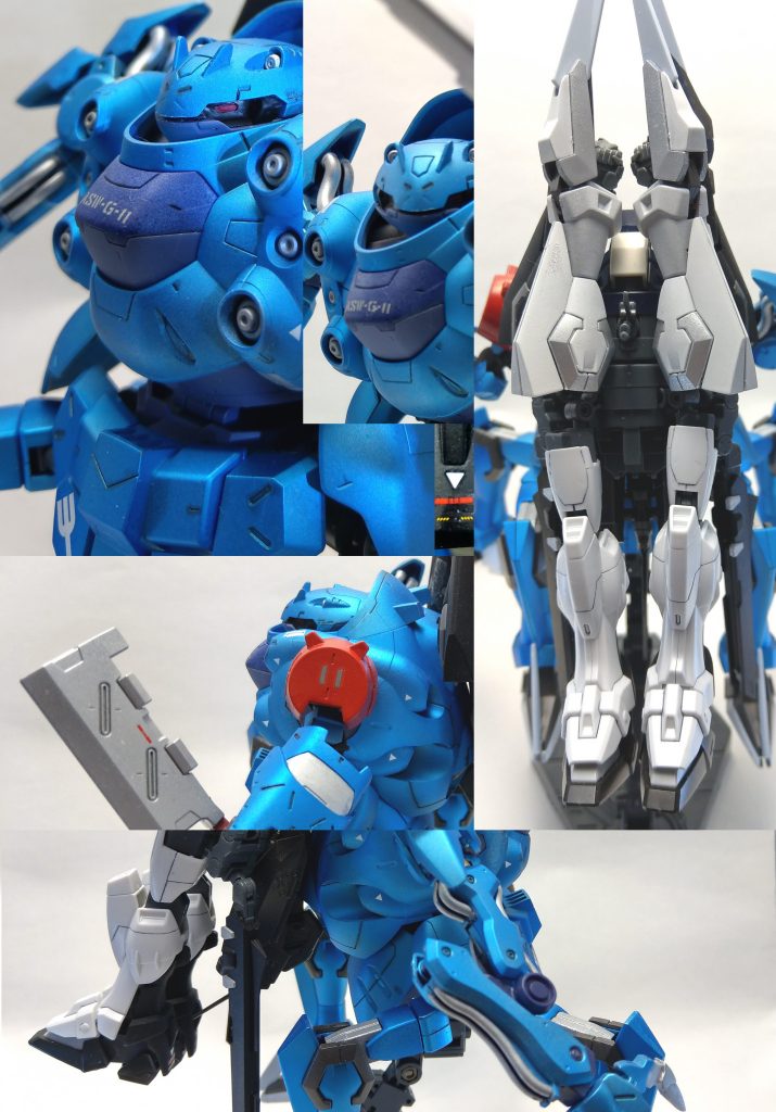 各部アッピルポイント1、水転写デカール初挑戦ではないけどもFA:Gのパンツ以来だから初挑戦みたいなもん。肩の11はASW-G-11の下二桁だったけど貼るところ間違えた感じ。顔にしか見えん。踵には下地を考えずに貼ったため消えた危険のデカール……。あと塗装に関しては基本某水陸両用MAをイメージしてメインカメラも赤にしました。両の目の間の庇を削ってモノアイにしようかとも思ったけどそこまではやらんかったしそれで正解だったと思う。あと肩は何故赤くしたのか、とりあえず赤くしたかっただけ。むせる（未視聴）。