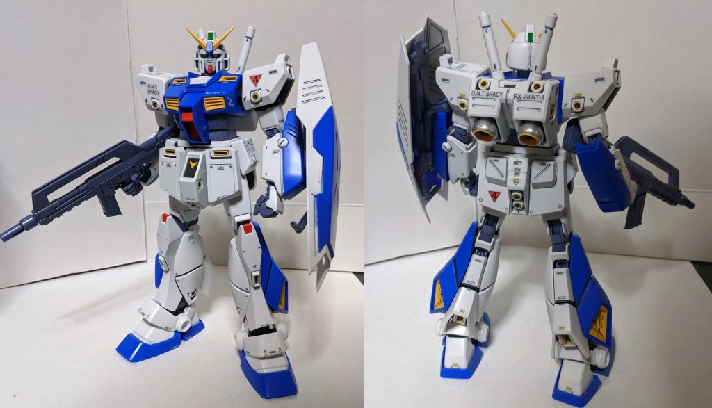 2019年の6月末に発売された新規のガンダムNT-1、旧モデルの物と比べプロポーションや色分けが大きく変更され、今までになかったガンダムNT-1に仕上がってます。
色分けは優秀ではありますが、各部バーニア内部の黒色が足りないため塗装する必要があります