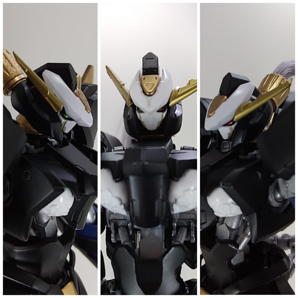 頭部はバエルの顎パーツを外して、ビルダーズパーツMSブレードを使って左右で角の形状を変えました。瞳も左右で色を変えています。胸はパテで成形してレースシールを貼りました。