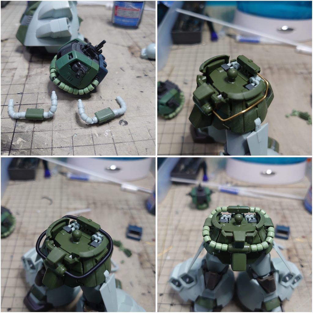 こしもRGザクから転用です
0.8の真鍮線に1.2スプリング(ハイキューパーツ)その上に、パイプを入れてます