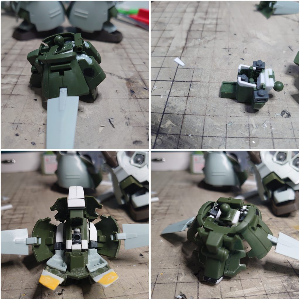 腰は放射線状態にカバーをみせるため、
腰ダボを頂点として、末広がりにします
ふんどしの角度が足りないのでプラバン追加です
腰関節角度も角度変更です
これでふんどしを前に出したとき
上半身は後ろへ倒れ気味を、まっすぐ上に、向きます