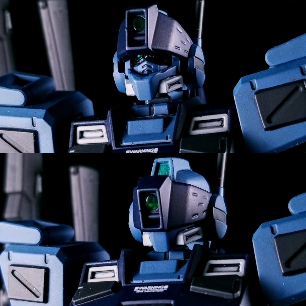 頭はジムスナイパーⅡの内部をくりぬいてガンダムmk-2の顔を中に仕込んでいます。
バイザーを下げると完全にガンダム顔が隠れるのでジムスナイパーⅡにしか見えない状態に出来るのですが、今回これが一番やりたかったことなのでとても満足しています。