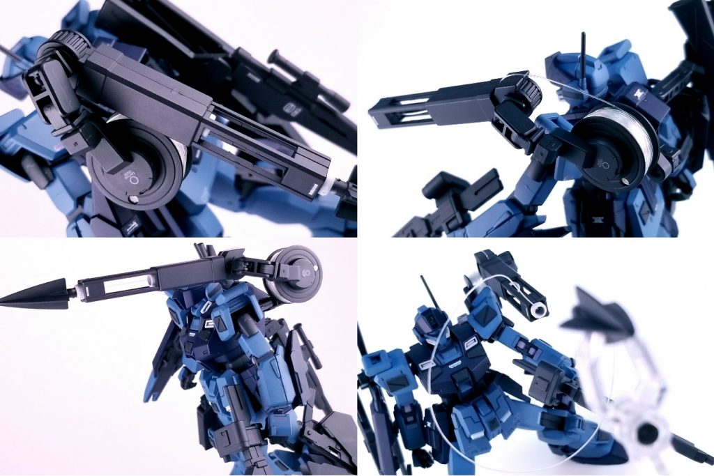 そして今回一番の目玉はこれです。
『ワイヤー射出装置』
ガンプラバトルするならワイヤートラップは必須だと考え、ボビン等も組み込んで制作しました。
ちゃんとワイヤー全部射出出来るようになっています。
これがあればガンプラバトルでワイヤートラップ仕掛け放題。クモの巣ように設置することで相手への妨害やファンネルみたいな飛び道具を絡めて戦力を削ぐことを想定しています。
ただし宇宙や砂漠見たいな障害物がないところでは普通の銛です……。