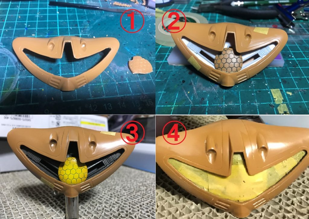 まずはモノアイ部分
①モノアイレールをカット
②プラ板とプラ棒でモノアイレールを制作
③頭部合わせ目消しをするとモノアイ関係の塗装が
大変なので先にモノアイ部分を塗装
④マスキングでモノアイ部分を全塗装が終わるまで封印