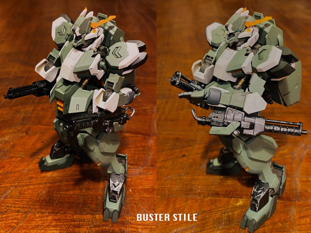 メイン武装であるバスタートンファーは戦況に応じて、腕関節を回転させることでバスターとなり、中距離への攻撃が可能になります。
片手のみ、両手変形を選ぶことができる仕様です。