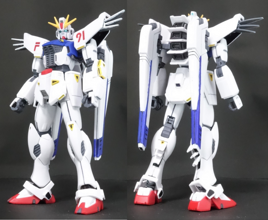 主にガンダムマーカーで塗装しています。肩の内側など陰になる部分はエナメルで、肩のF91はシタデルカラーのEvil Sunz Scarletを使っています。
背中のスラスターは黄色での色分けは難しかったので、あきらめてガンメタで塗りつぶしました。