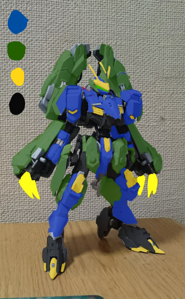 サーフェイサーを吹いて様子見
カラーイメージをイラストツールで書き込む
アンドレアルフスが孔雀の悪魔ということでカラーも孔雀よりに