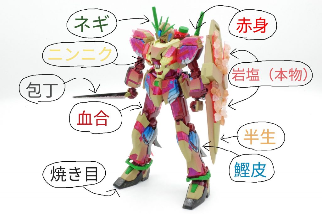 鰹のタタキを意識したカラーリングです。酒のつまみには塩で頂くのが好きなので今回は「塩(岩塩)装備」となりました。