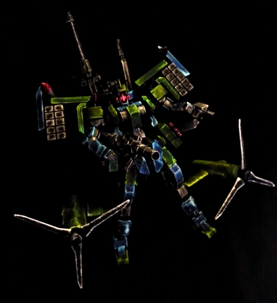 ティルトローターを付けて夜間任務。
そういえばローターのプロペラ翼部分は
刀っぽい塗り方にしてしまいました。
最悪、近接武器として、パージした勢いで特攻武器として使いましょう。