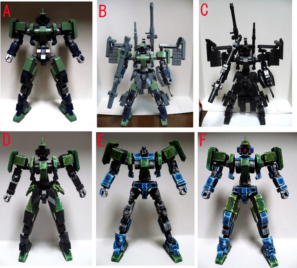 塗装の様子…武装がありませんけど。

A・素組み状態
B・30MMのパーツを多用する事は最初から考えていましたが
　 色々と組み合わせた結果この形にしました。
C・黒サフを噴いた状態。黒１色も中々カッコいいですね。
D・まず緑部分から塗り始めました。
E・先にフレーム等のグレーを塗り、その後に青部分も塗りはじめました。
　 ミッドナイトブルー（という感じの色）を使ったのですが
　 設定色より明るめの青さになってしまいました。
 　コレはコレで良しとします。
F・ほぼ完成状態です。
 　武装が多かったのでソチラを早い段階で塗り終えておきました。
 　パーツ構成がシンプルだったので比較的塗り易かったです。

グレイズよりゲイレールの方が個人的には好みだったので
30MMのパーツと組み合わせてフルアーマーっぽい見た目で組んでみました。
最近になってようやく筆塗りが上達してきた…気がするので
各画像も絵っぽさがある…と見てもらえたら幸いです。

最後までご覧下さりありがとうございました。