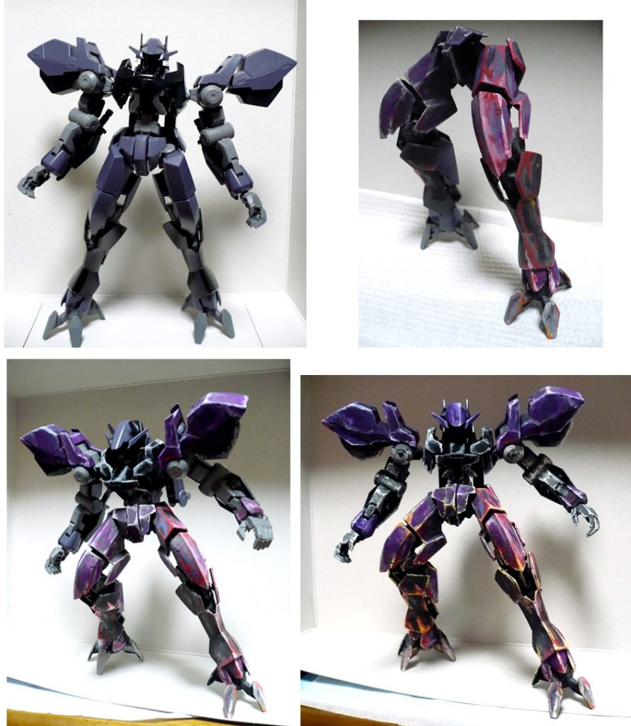 あまり画像がありませんが（特に変化もなかったので）
塗装の段階をお伝えします。

左上・素組み
右上・最初にとりあえず足だけを様子見で塗ってみました。
左下・上半身の紫部分、胴体黒部分を塗りました。
右下・ほぼ全てのパーツに色が入っています。
　　　ここから足のエフェクト色と同じような色を上半身にも加えます。