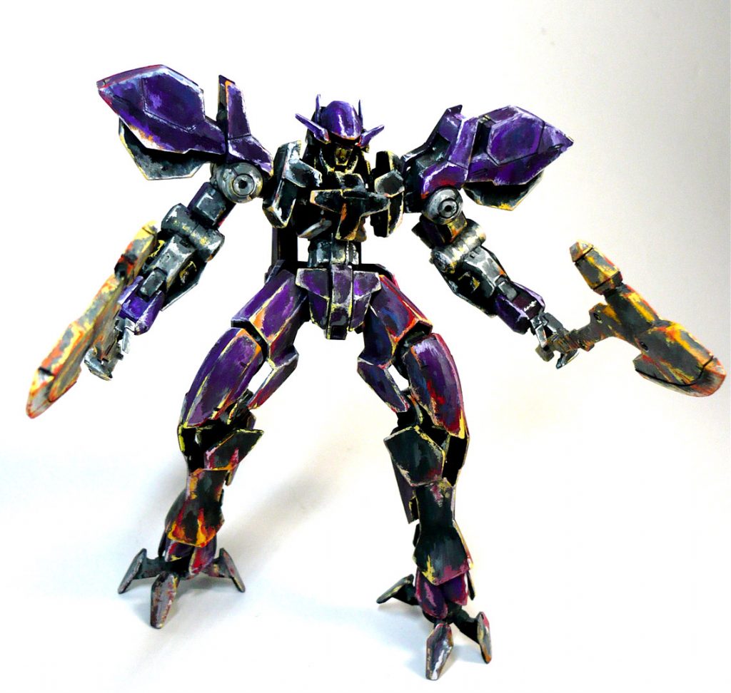 組んで塗装が出来る状態にしていたグレイズアインを
何か組み合わせて改造しようか？考えたりしましたが
時間的に余裕も無さそうだったので
ボックスアート風背景を手書きで用意して
グレイズアインも同じような厚塗りイラスト風塗装で仕上げてみました。