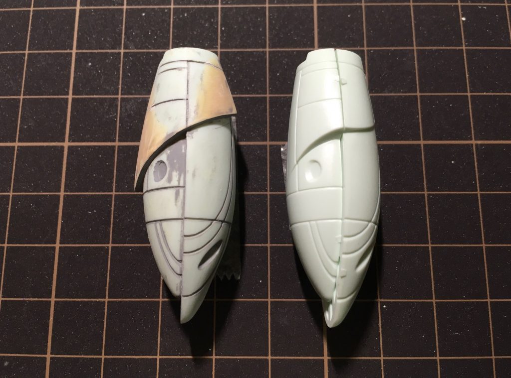 右手裏側のゆるゆるのラインをパテで成形。キッチリ斜めラインに変更。