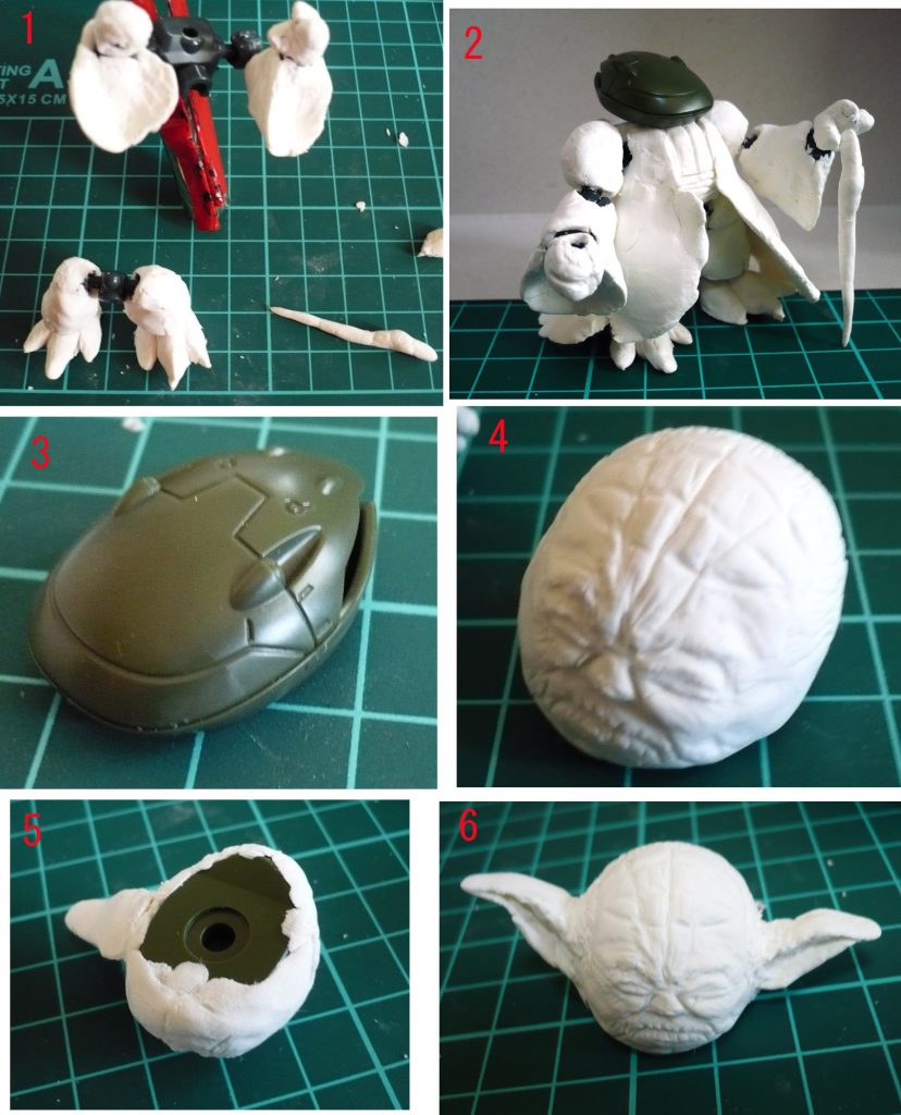 1 石粉粘土で体パーツの肉付けしていきました。
2 実は…1-2間の制作途中画像がデジカメSDカード破損で焼失しました!!!
 なので一気にボディがある程度出来上がった画像からしか残っておりません。
3 マンロディの頭部を前後逆にして…
4 頭部に粘土を盛っていきましたが…マンロディ感がゼロになりました
 まぁ、気にしないでおきましょう。
5 耳を後付けしました。裏返すと辛うじてマンロディの一部が見えます…
6 両耳を取り付けました。自分なりにですが巧く出来ていると満足しました。
 もっとマンロディの頭部形状が反映する形にするつもりでしたがねぇ…
 完全にヨォダとなりました。
あ、一度顔を作り直しました。
中心より斜めになっていたので…潰しました。悲しかったデス。
でも、作り直した完成版でもやや斜めになっていたので
左ホホ下部分を盛り直して修正しました。