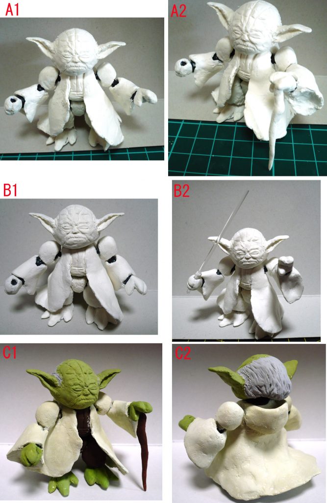 A 粘土で造形して数日経過した状態です
 床面に接していた服の裾が縮んでいるのが分かります。
 頭部も左目上、右後頭部が縮んてヒケてしまいました。
 右手は持ち手、左手は平手にして杖を突いている感じに出来ます。
B 4日位、延々と手直し・表面処理を行いましたが…この状態で諦めました。
 ライトセ…ビームサーベルを透明の曲がるプラ棒で制作しました。
C ベース色を塗ってみました。ヨーダ感が増しました!!
今回は普段のイラスト風塗装より表現を強調させていません。
服の色が淡い色だったので、若干濃淡を筆塗りした位で終わりとしました。
手元にあったマンロディのキットを眺めていて
何故か「頭がヨーダっぽくない??」と想像してしまったのが最後、
石粉粘土で造形して作ってしまいました。
鉄血コン対応作品と呼べるのか?何とも言えませんが
頑張って造形して良く出来たと思っているので…ご容赦下さいませ。
ハロプラでデス●ターを作った時以来の問題作ではございますが
最後までご覧下さり、誠にありがとうございました。