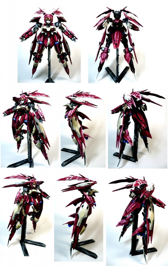 今回は頭部を1日で組立て・塗装を行ったので
その制作過程の画像が全くございません。
いつもの8方向画像を最後に紹介させて頂きます。
レギンレイズジュリアを作り始めた時に
モビルドールメイの頭部を差し替えて取り付けて撮影しようと思いましたが
結果的に後からこうやって別に作ってみると
別のキャラ(機体?)の印象になったので
コレはコレで良かったかな?と思いました。
最後までご覧いただきありがとうございました。