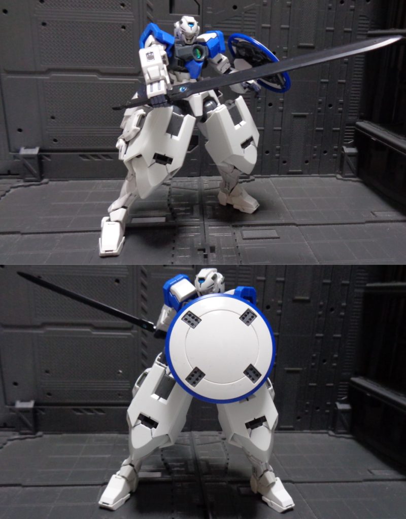 通常形態武装①GNバスタードソード　大質量素材を使用した黒い刀身の斬撃武器。　GN粒子の質量可変効果による制御で振るう。②GNリフレクションシールド　ガンダムアストレアTYPE-F2に搭載されていた機能を円形シールドに落とし込んだ装備。　シールドの曲面に沿ってビームを弾くことが可能。　縁はGNソードの応用でGN粒子を定着させており、打撃武器として使用可能。 