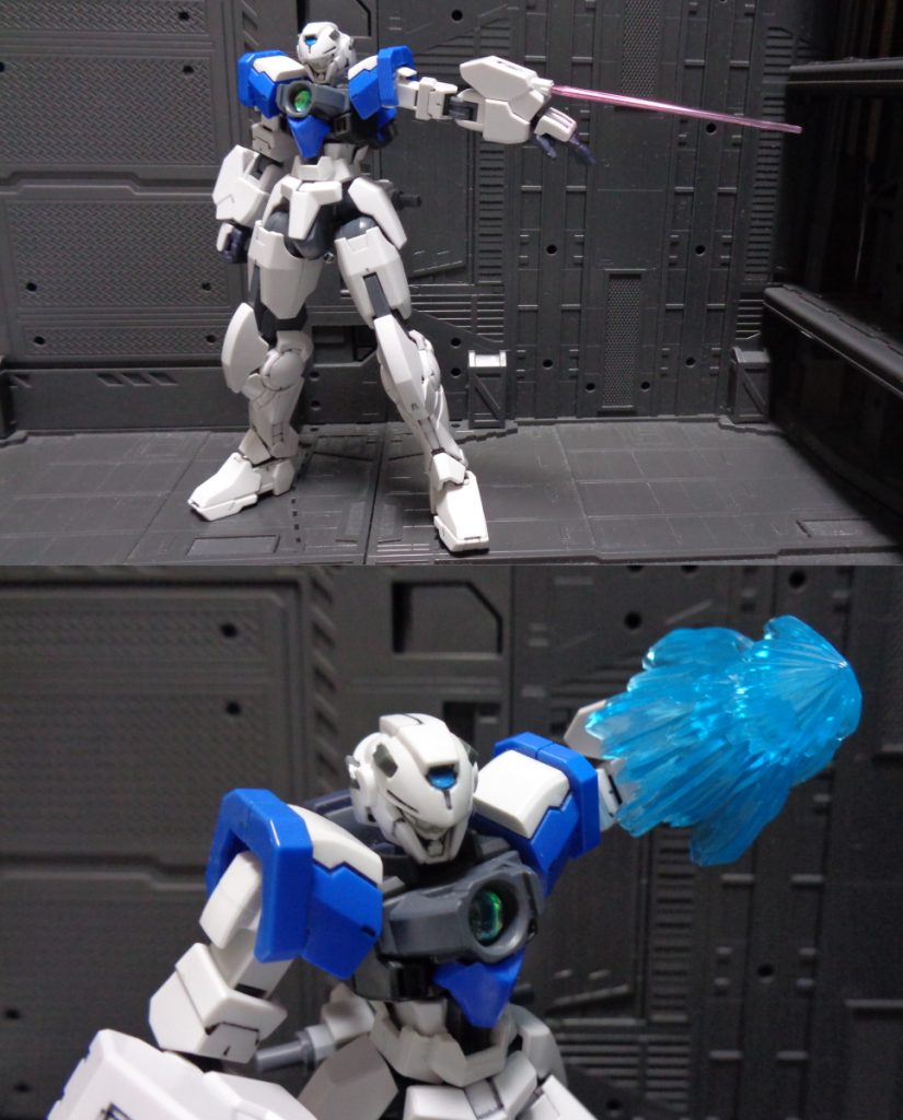 固定武装GNビームデバイス　左腕に内蔵されているGNビーム兵器。　脳量子波によるGNフィールドの制御でバルカンモード、サーベルモード、ナックルモードを切り替えて使用可能。痛設定はココマデ！