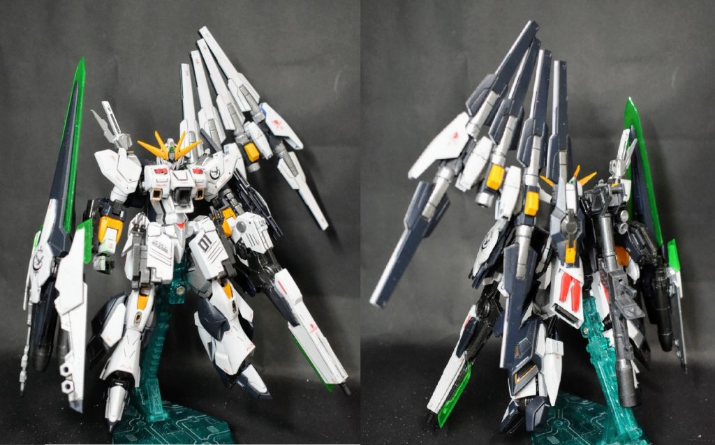 正面と背面から重心のバランスと作者が左利きのため武器を左右入れ替えていますあくまで私がバトル出すならこんなガンプラにするよってつもりで作っただけなのでとくに細かい設定はないです