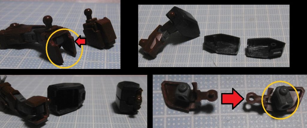 腕部は忍パルスガンダムの肩上部を切り取り、中をくり抜いたシュピーゲル肩アーマーの中に。忍パルスのBJ側の装甲を外せば、無加工で装着できます。接着せずとも固定できますが、した方が可動時には安心ですね(接着しました)
このままだと忍パルス肩はアーマー内に埋もれる形になるため、右下のように中のPCを長めの物に変えて延長。腕部の改造は以上です。