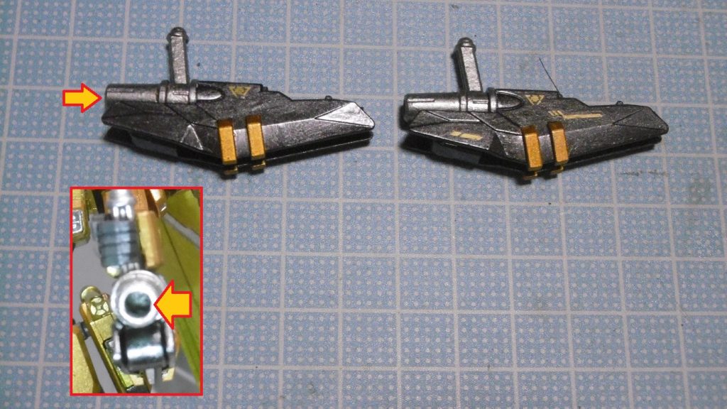 フェイダトンファーも筆1本で塗り分け。外側はデカール枚数を多めに。
銃口内には本来ビームサーベルエフェクトを差せる上げ底状の構造になっていますが、それがあるとエフェクトが奥まで差せず軸も若干浮いてしまうため、1.2mmから3mmになるまで地道に拡張し奥まで貫通。
この状態でもビームサーベルエフェクトは使えます。根元側の太い部分が引っ掛かるみたいですね、今回の作品では使いませんが。
冒頭にある「ネット上の参加企画」というのは所謂『フリーダム系の1キットだけで改造してね★(エフェクトは無制限)』といった物です。フリーダムガンダムは個人的に組むだけで完成度が非常に高く、下手に弄るとバランスを壊しかねないためほぼフリーダムFFとして構成し、代わりに筆塗り表現と工夫(武器特性の転換)に拘った結果こうなりました。
スターブライトカラーであって鏡面装甲ではなく、ヤタノカガミよりはハイパーモード向きかな?と想像しながら。
もしこの仕様でビルドシリーズに登場し、キラっぽい人が使っていたら、超強気な性格か公家化していそうなイメージでおじゃる。