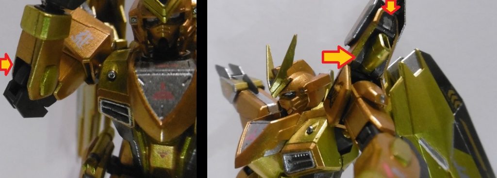 外装の表面だけでなく、可動時にチラリと覗く内側や肩アーマー内部等、見え得る箇所を見つけては塗っています。
外装の内側はどこも、スターブライトアイアン塗装が殆どですね。