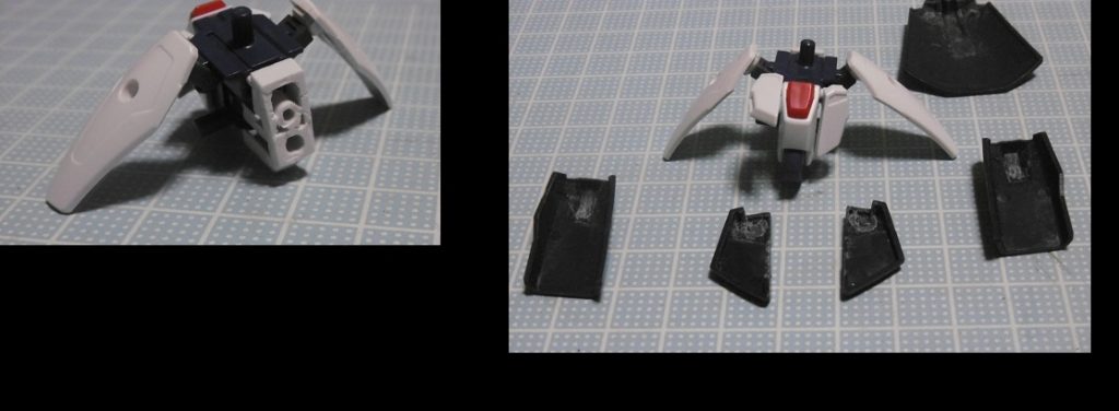 腰部はビルドバーニングガンダムを使い、まずサイドアーマー以外を加工。リアアーマーは基部のみ残して表面をヤスりがけ。
シュピーゲルから装甲を切り出したら、ベースの各部分に合うよう接続部を切除加工していきます。