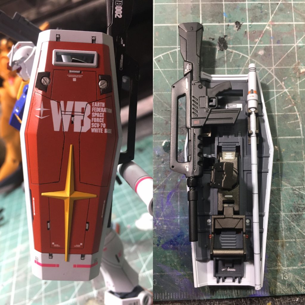 シールドのパネルラインはかなり悩みました。既存のラインはあまり好きじゃなかったので自分なりにデザインを変更しました。シールドと腕の隙間が気になっていたので裏側は武器をマウントさせてボリュームアップを狙いました。