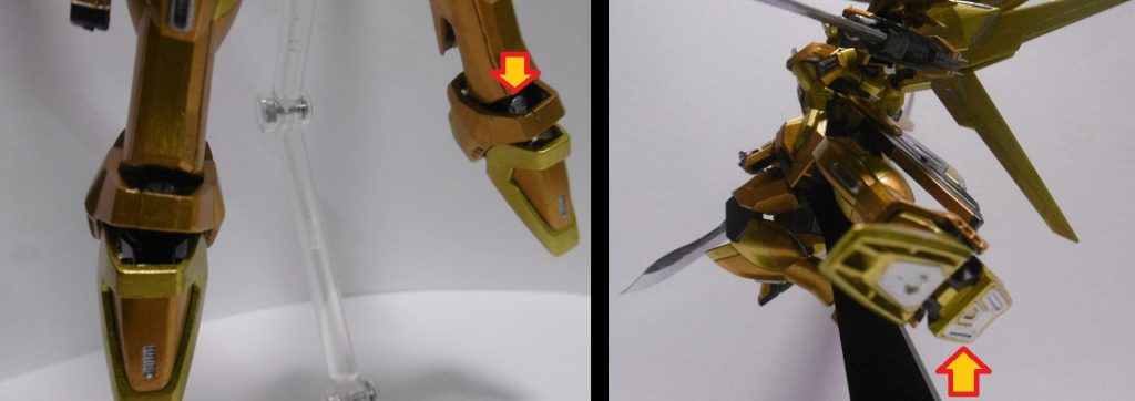 アンクルガード内のディテールや、足裏もしっかりと塗り分け。
肉抜き穴は埋めずにしっかりと筆先を入れています。
個人的には合わせ目・肉抜きは特に気にならない事も多く、ほぼ消す事はありません。