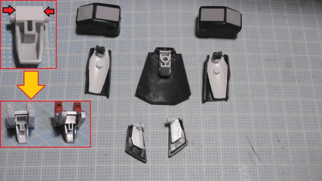 接着後にサイドアーマーの余剰分を、装甲の下辺に合わせてカット。
MSパネルは肩アーマーの合わせ目の上から接着。ダクト類は塗装後に。
コアランダーのコックピット下部の肉抜きが気になり、プラシートで埋めました。プラ板工作ではなくフタしただけです。全ては埋めていませんが、下から見上げるようなアングルはあまりしないので目立つ箇所だけ。
以上で下準備は終了。塗装して水転写デカールを貼れば完成に至ります。