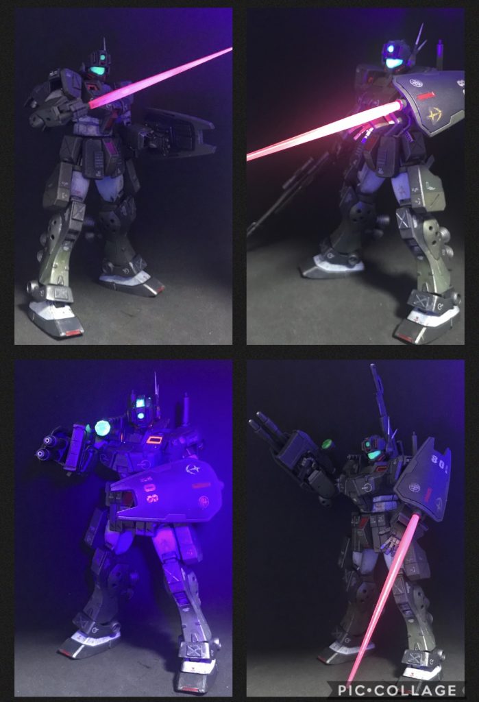 カメラ、武器のセンサー、ビームサーベルは蛍光塗料で塗装しているので、ブラックライトに反応して発光します。