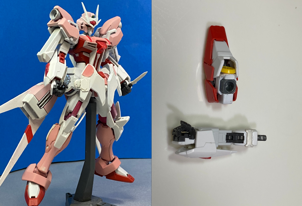 今回は一からの制作ではないので大雑把な説明になります二の腕から下と足、肩部に使用しているサイドアーマーをRGストライクに変更腕と足はそのままだとHGに付けられないので画像のように加工しています全開使用していた膝のカバーを紛失したので変更。