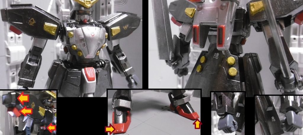 ツインアイは金色にし、胴体・肩アーマー・胸アーマー・リアアーマー・爪先の各所にMSGパーツを使い、塗装後に接着しています。
普段の忍者MS製作では理由あって使い難い漢字デカール「忍」「影」「隠」をここで使いました。
腰はこの状態だと動かせませんが構造はゴッドそのままなので、少し浮かせればある程度は捻られるようになります。