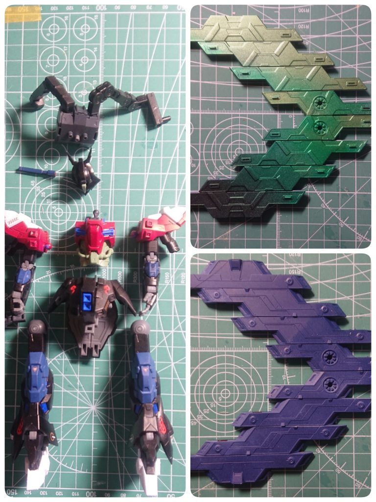 最後に塗装後、組み立てる前のやーつ！これならサイコプレートのグラデーション、わかりますね
しかし梅雨の時期もあって、つや消し上手くいかなかったんすよ。マーカーエアブラシにも限界を感じるタイミングでした…。
最後まで見ていただきありがとうございました〜