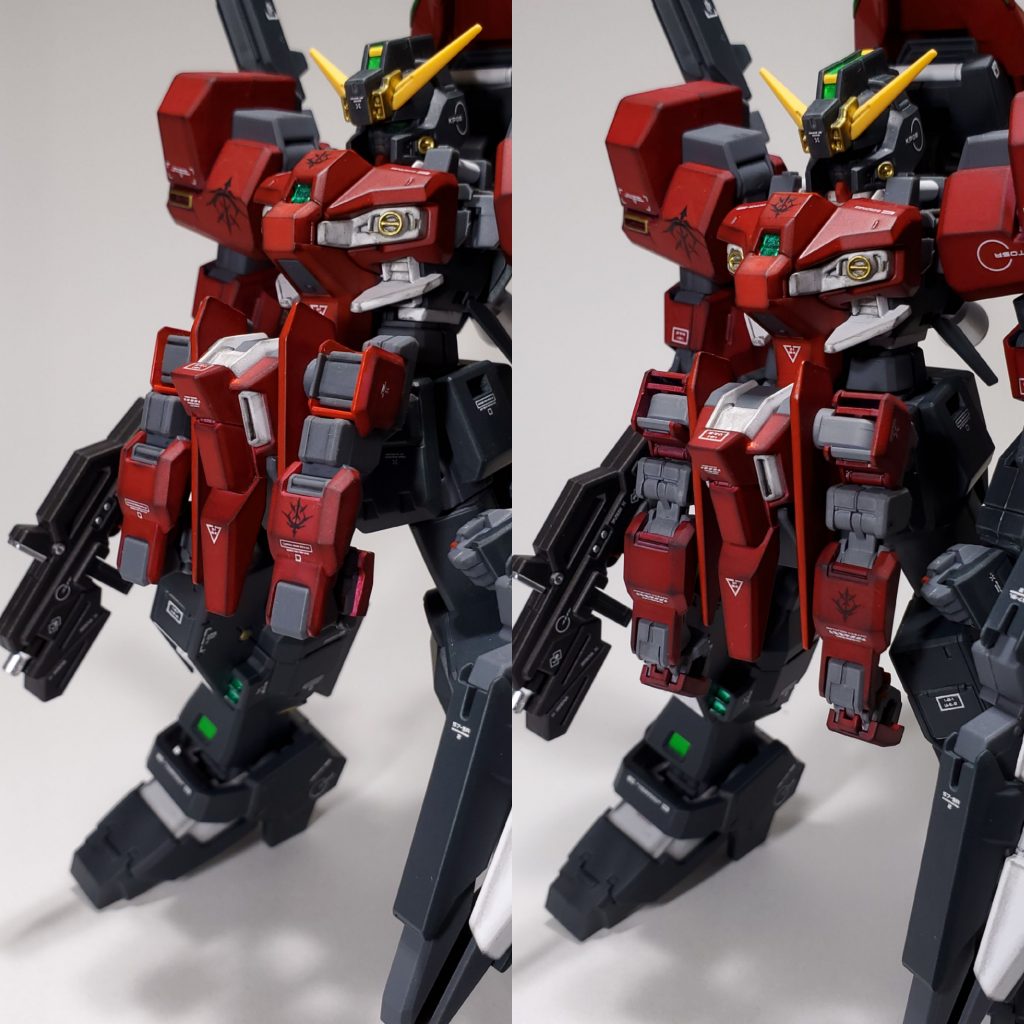 腰部フロントアーマーにはサブアームユニットⅡとしてウーンドウォートの上半身パーツが装備されています。本キットには画像左の腕パーツが付属していますが非稼働のため画像右の様にウーンドウォートから移植しています。
形状もやや異なり本キット付属の非稼働腕の方がコンパクトで装甲といった感じがします。
以下アクションです。